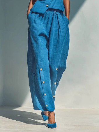 Ensemble deux pièces bleu ciel streetwear en lin boutons bretelles asymétriques col sans manches pantalon décontracté
