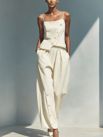 BeigeEnsemble deux pièces bleu ciel streetwear en lin boutons bretelles asymétriques col sans manches pantalon décontracté