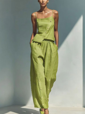 vert Ensemble deux pièces bleu ciel streetwear en lin boutons bretelles asymétriques col sans manches pantalon décontracté