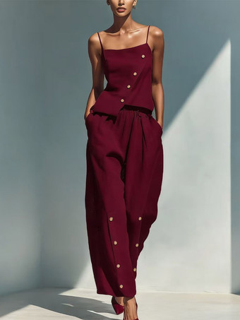 Bordeaux Ensemble deux pièces bleu ciel streetwear en lin boutons bretelles asymétriques col sans manches pantalon décontracté