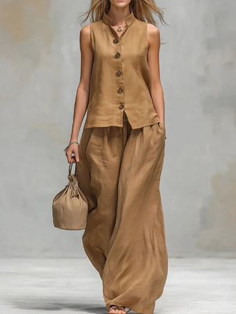 Brun Ensemble deux pièces marron chic décontracté en coton et lin à col montant et pantalon sans manches