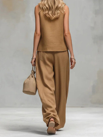 Ensemble deux pièces marron chic décontracté en coton et lin à col montant et pantalon sans manches
