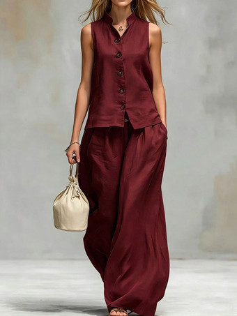 Bordeaux Ensemble deux pièces marron chic décontracté en coton et lin à col montant et pantalon sans manches