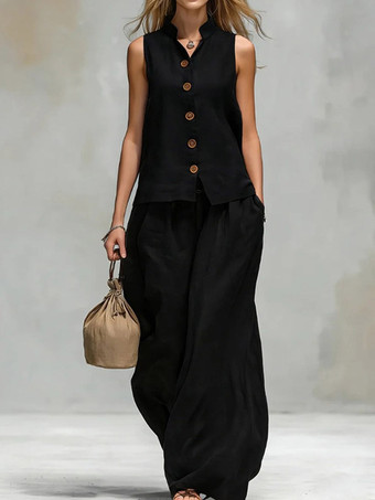 noir Ensemble deux pièces marron chic décontracté en coton et lin à col montant et pantalon sans manches