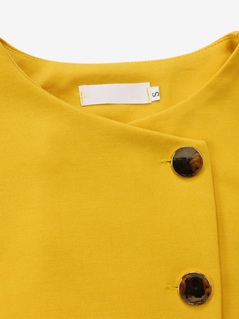 ツーピースセット イエロー カジュアル プリーツ ストリートウェア ポリエステル ジュエルネック アシンメトリー 半袖 スカートセット