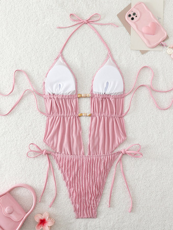 女性用ツーピース水着 ピンクのレースアップ 夏用セクシー水着