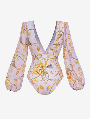 Ensemble maillot de bain jaune sexy drapé à col en V manches longues bouffantes