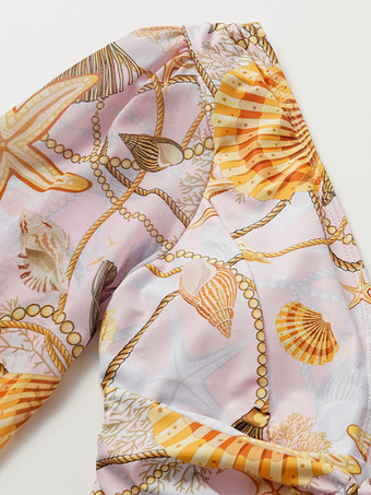 Ensemble maillot de bain jaune sexy drapé à col en V manches longues bouffantes