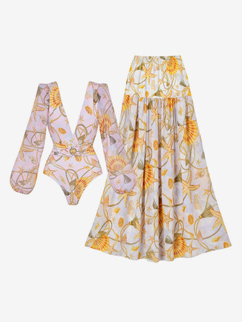 Ensemble maillot de bain jaune sexy drapé à col en V manches longues bouffantes