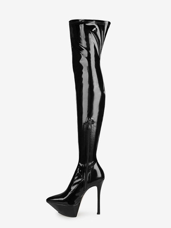 ブラック 黒のセクシーなブーツ、プラットフォーム、ポインテッドトゥ、ハイヒール、ニーハイブーツ