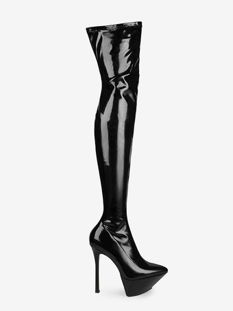 黒のセクシーなブーツ、プラットフォーム、ポインテッドトゥ、ハイヒール、ニーハイブーツ