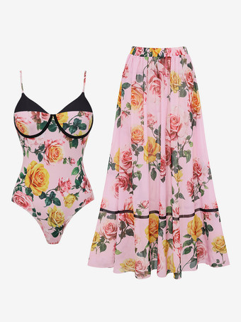 Ensemble maillot de bain rose sexy à imprimé floral bretelles et décolleté