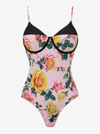 Ensemble maillot de bain rose sexy à imprimé floral bretelles et décolleté