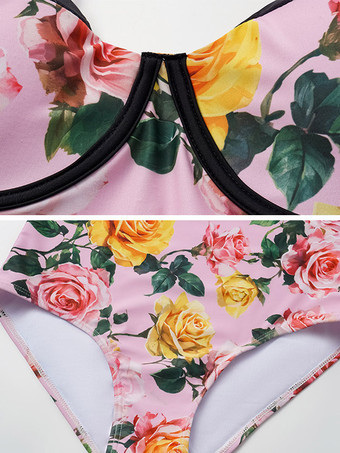 Ensemble maillot de bain rose sexy à imprimé floral bretelles et décolleté