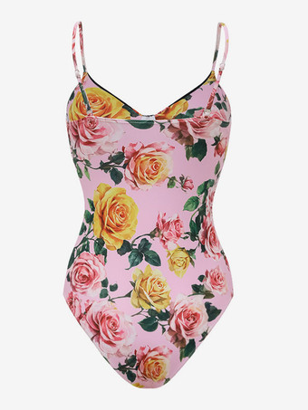 Ensemble maillot de bain rose sexy à imprimé floral bretelles et décolleté