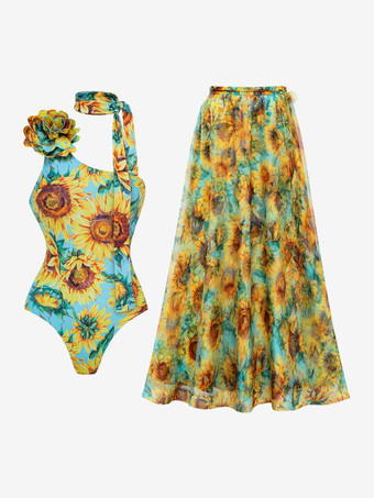 Ensemble maillot de bain jaune sexy à imprimé floral asymétrique et décolleté asymétrique