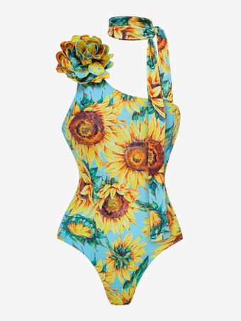 Ensemble maillot de bain jaune sexy à imprimé floral asymétrique et décolleté asymétrique