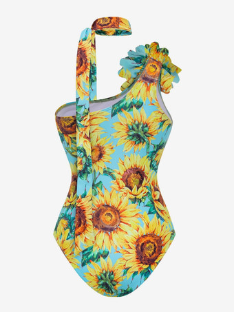 Ensemble maillot de bain jaune sexy à imprimé floral asymétrique et décolleté asymétrique