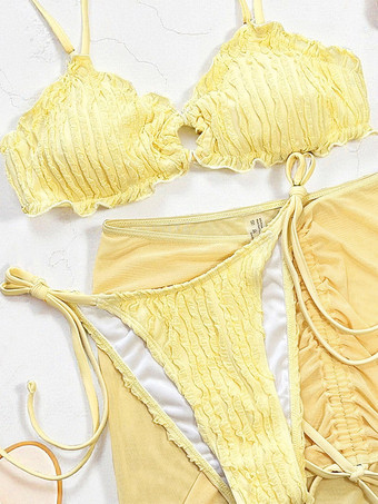 水着カバーアップ レディース 水着セット イエロー セクシー レースアップ バックレス ストラップ ネック
