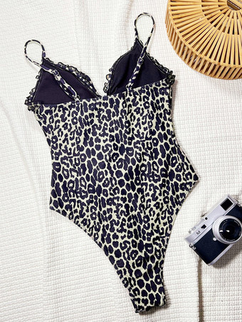 女性用ワンピース水着 レオパード柄 カットアウトストラップネック 夏用セクシー水着