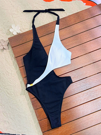 レディースワンピース水着 ブラック ツートーン カットアウト ホルターネック サマー セクシー水着