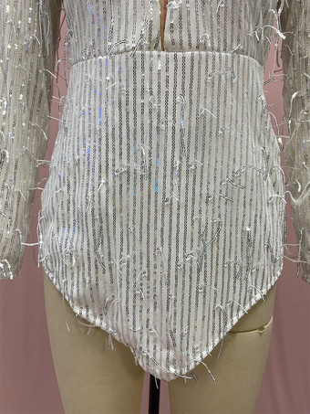 クラブドレス レディース Vネック シック スパンコール 長袖 背中開き シルバー セクシードレス