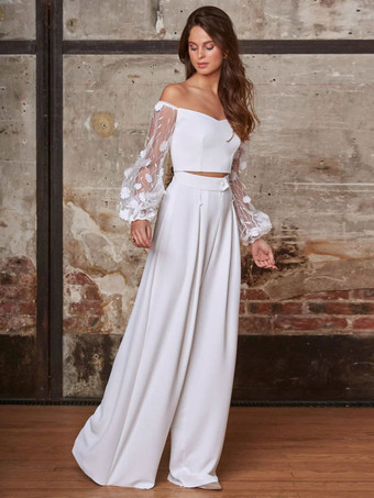 WhiteTwo-piece wedding dress Polyester Bateau Neck Two-piece Floor-Length Wedding Dress Functional Buttons Long Sleeves Long