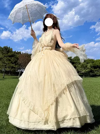 Apricot Fairy Lolita Dresses Sleeveless Halter Back Bow Prom Lolita Tea  Party Dress