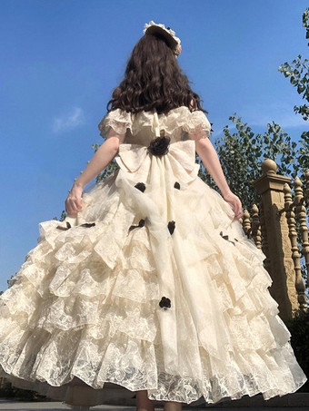 Robe Lolita fée blanche à lacets et nœuds épaules dénudées style Lolita tea party