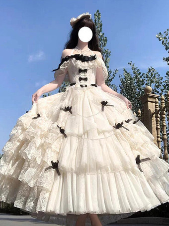 Robe Lolita fée blanche à lacets et nœuds épaules dénudées style Lolita tea party