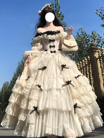 blanc Robe Lolita fée blanche à lacets et nœuds épaules dénudées style Lolita tea party