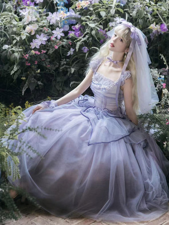 Robe Lolita féerique violet clair à lacets et volants sans manches robe de mariée Lolita
