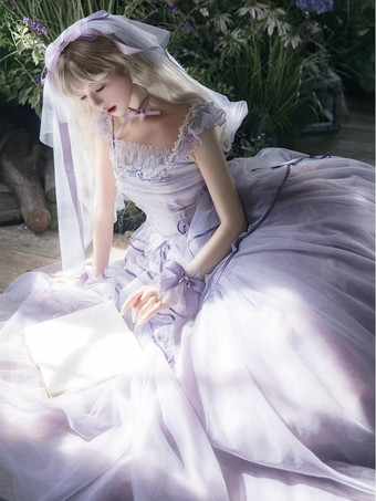 Robe Lolita féerique violet clair à lacets et volants sans manches robe de mariée Lolita