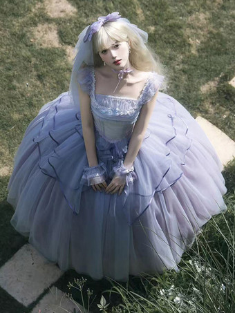 Robe Lolita féerique violet clair à lacets et volants sans manches robe de mariée Lolita