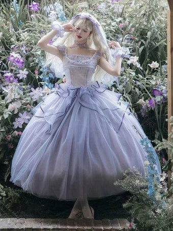 Robe Lolita féerique violet clair à lacets et volants sans manches robe de mariée Lolita