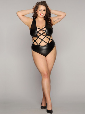Nuisettes grandes tailles effet mouillé gaines noires croisées pour femmes nuisettes sexy