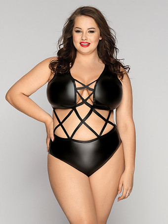 noir Nuisettes grandes tailles effet mouillé gaines noires croisées pour femmes nuisettes sexy