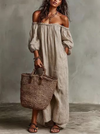 Party Dress Maxi Apricot Off-The-Shoulder Long Sleeves Stripes Backless  Chic Semi Formal Dress - Milanoo.com