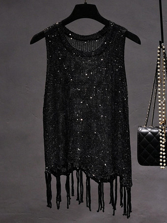 noir Haut de soirée unique à col rond et sequins sans manches