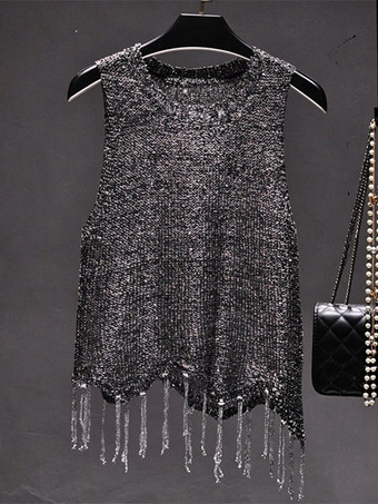 Haut de soirée unique à col rond et sequins sans manches