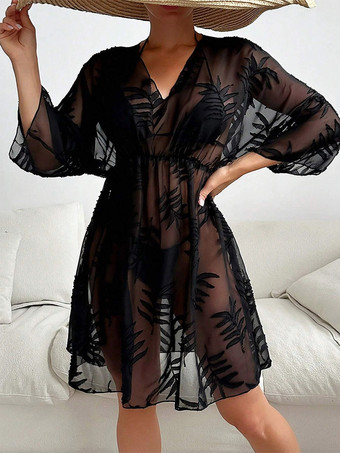 Robe de vacances chic noire à manches 3/4 et col en V transparente et sculptante