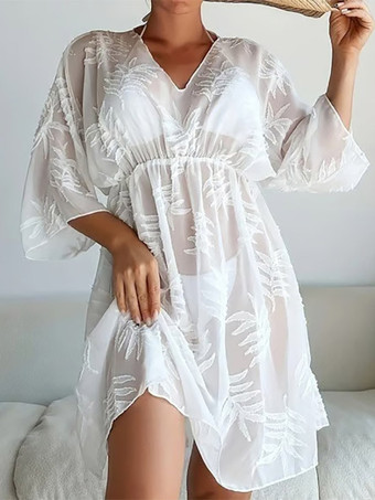 blanc Robe de vacances chic noire à manches 3/4 et col en V transparente et sculptante