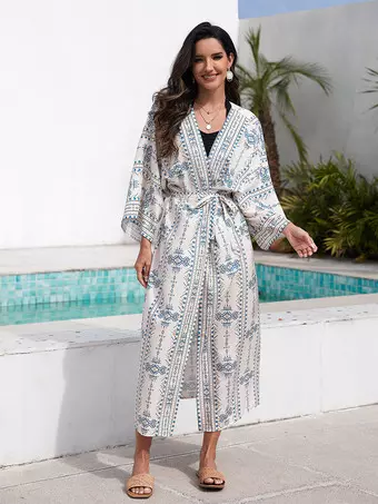 Vacation Dresses Ruffled Sash Long Sleeves Printed Casual Light Sky Blue  Dress - Milanoo.com