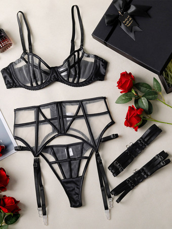 noir Ensembles de lingerie en dentelle noire à bretelles soutien-gorge cage culotte et porte-jarretelles