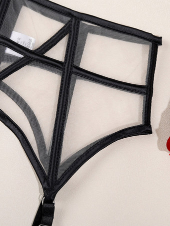 Ensembles de lingerie en dentelle noire à bretelles soutien-gorge cage culotte et porte-jarretelles
