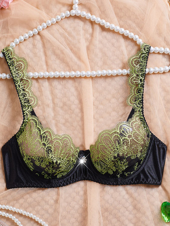 蝶と花柄の刺繍が施された黒と緑のアンダーワイヤーブラとソングのツーピースランジェリーセット