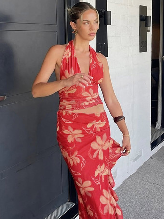 Robe de vacances maxi sans manches à imprimé floral dos nu rouge décontracté