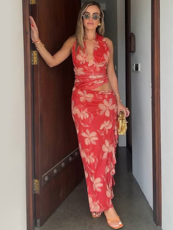 rouge Robe de vacances maxi sans manches à imprimé floral dos nu rouge décontracté