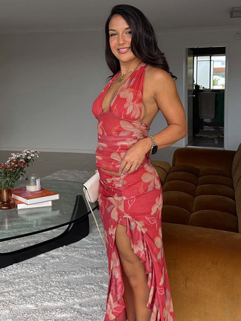 Robe de vacances maxi sans manches à imprimé floral dos nu rouge décontracté