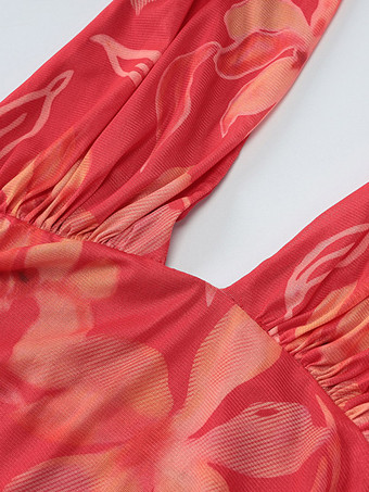 Robe de vacances maxi sans manches à imprimé floral dos nu rouge décontracté
